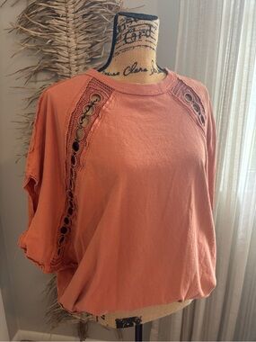 Free People Crochet-Trim Short Sleeve Tee - Terracotta